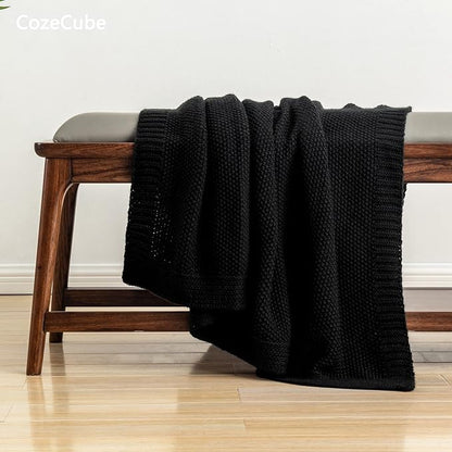 CozeCube Jet Black Seed Stitch Throw Blanket 50"x60", Farmhouse Decor | Blanket - Image 4