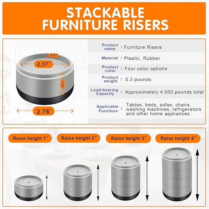 Furniture Risers Bed Risers Heavy Duty 1 inch, 2 inch, 3 inch, 4 inch Round - Image 5