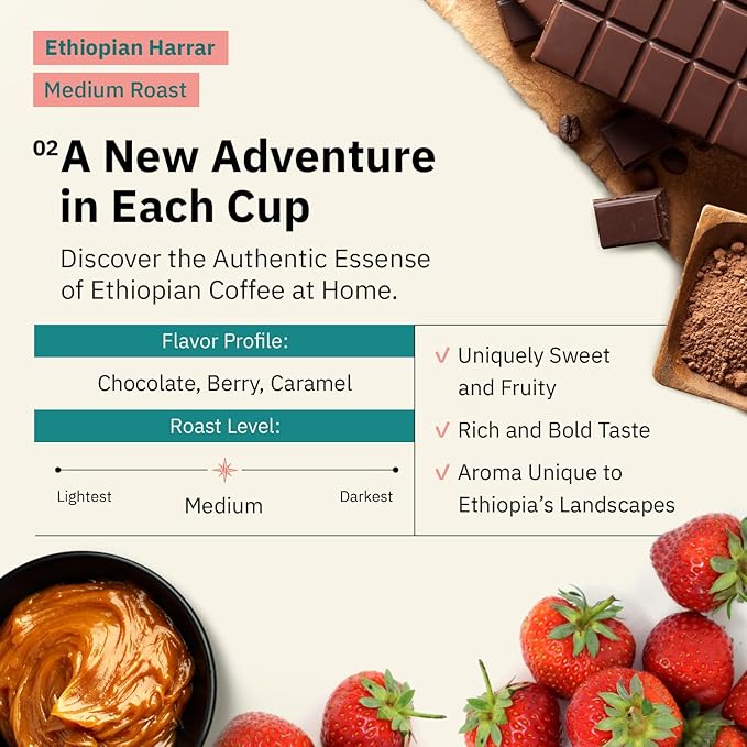 Kochere Ethiopian Harrar Whole Bean Coffee – 2LB Medium Roast – Fresh Roasted to Order – Single Origin, Farm Direct, Rich Flavored Coffee Beans – Chocolate & Fruity Notes