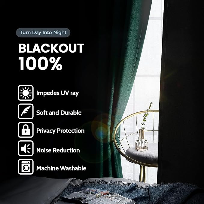 SimpleHome Dark Green 100% Blackout Curtains Room Darkening Living Room 72 | - Image 3