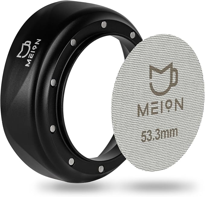 MEION 54mm Espresso Dosing Funnel and Puck Screen Set for 54mm Breville Portafilters, Magnetic Coffee Funnel, Reusable 53.3mm Espresso Puck Screen, Espresso Tools Espresso Accessories (54mm, Black)