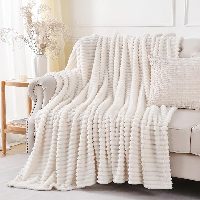 Cream White Throw Blanket for Couch Sofa 60x80 inches Striped Design | Fleece - Image 5