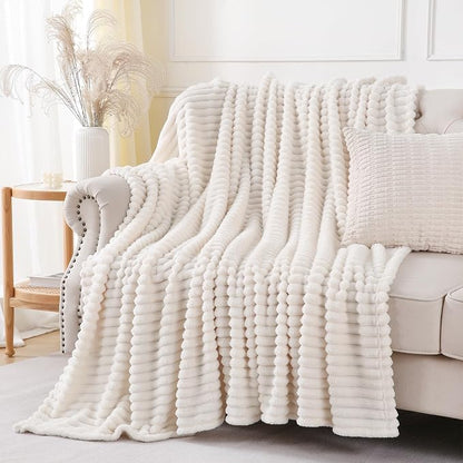 Cream White Throw Blanket for Couch Sofa 60x80 inches Striped Design | Fleece - Image 5