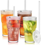 20oz Glass Cups with Lids and Straws, 4 Pack Vintage Ribbed Glass Tumblers for Iced Coffee, Smoothies, Thickened Wall Mason Jar Drinking Iced Coffee Cup