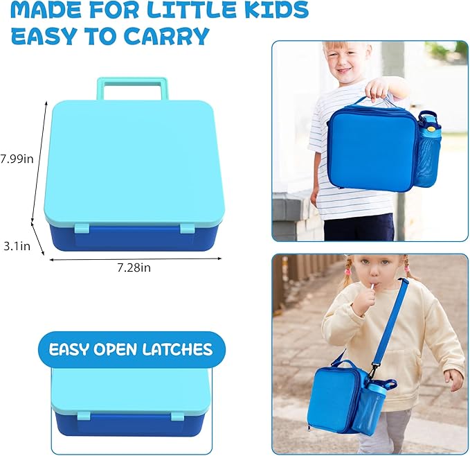 Kids Bento Lunch Box with 8oz Soup Thermo, Water Bottle, Kids Leakproof Lunch Food Containers with 4 Compartment, Insulated Hot Food Jar with Lunch Bag for School, Trvael (Blue)