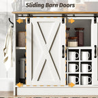4ever2buy Farmhouse Coffee Bar Cabinet with 6 Hooks, 47'' Kitchen Coffee Bar with Hutch and 9 Wine Racks, White Sideboard Buffet with Sliding Barn Door for Dining Living Room