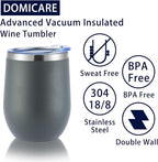 DOMICARE Stainless Steel Wine Tumbler Bulk with Lid, Personalized Insulated Tumblers Set, 12oz Travel Coffee Cups Pack of 4, Gray