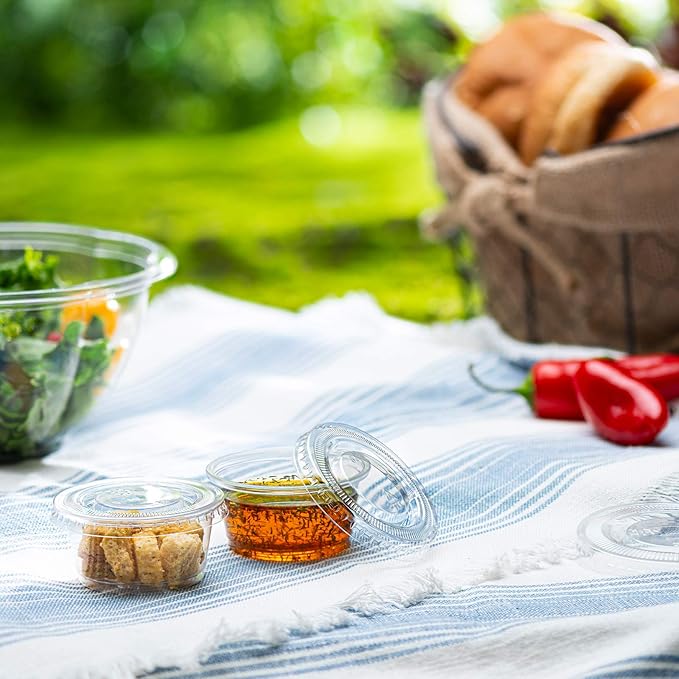 Portion Cups with Lids (2 Ounces, 100 Pack) | Disposable Plastic Cups for Meal Prep, Portion Control, Salad Dressing, Jello Shots, & Medicine | Small Plastic Condiment Container