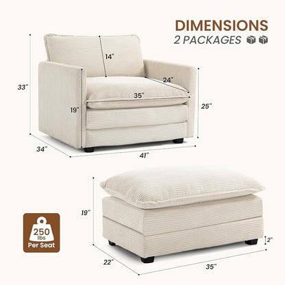 ROWHY Single Armchair with Ottoman, Modern Corduroy Cloud Couch with - Image 2
