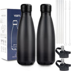 Insulated Water Bottle, 2 Pack-12oz Stainless Steel Water Bottles with straw lid, Metal Sports Water Bottles for Boys,Girls, Double Wall Vacuum BPA-Free Flask for School,Sports & Travel-Black