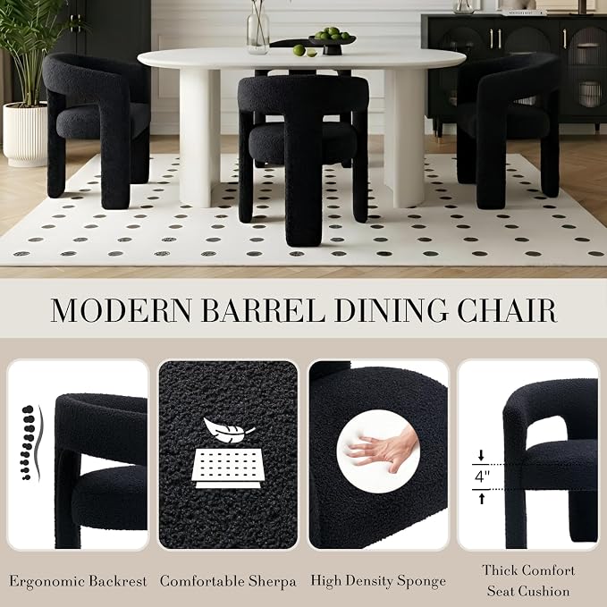 Black Dining Chairs Set of 2, Upholstered Sherpa Barrel Chairs - Image 4