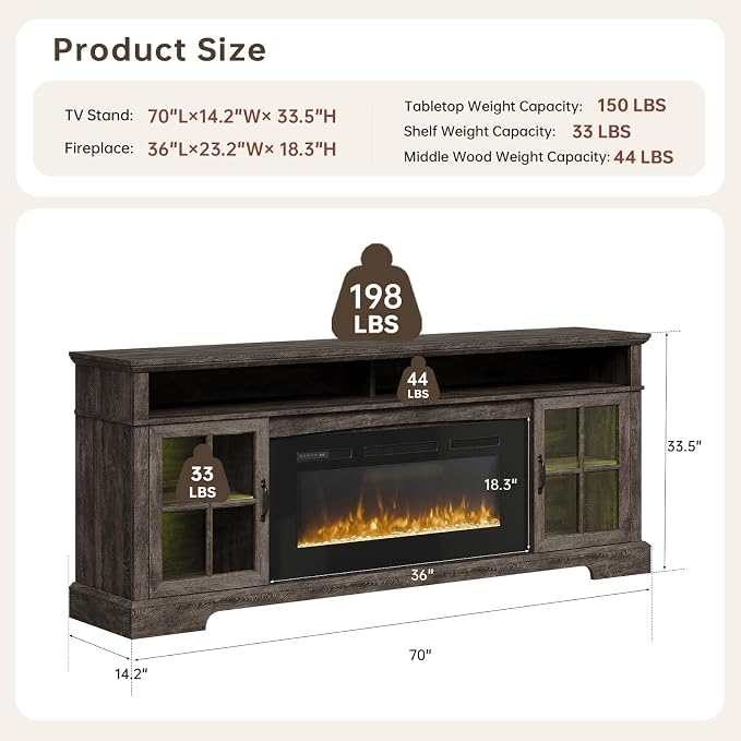 70" Fireplace TV Stand, Modern Entertainment Center - Image 6