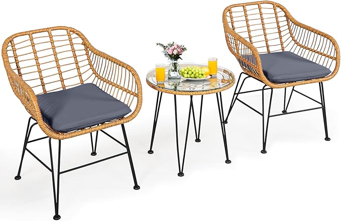 Tangkula 3 Pieces Patio Bistro Set, Rattan Conversation Set by TANGKULA