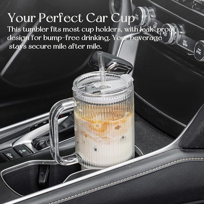 Large 26oz Clear Glass Mug with Handle and Sliding Lid – Aesthetic Ribbed Tumbler for Iced Coffee, Tea, Smoothies & Hot Drinks – Reusable Travel Cup with Straw, Dishwasher Safe (Ribbed Tumbler)