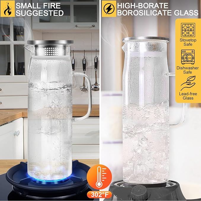 Yirilan Glass Pitcher, 1.5liter Glass Pitcher With Lid, Carafes and Pitchers, Iced Tea Pitcher, Water Carafe With Handle, Heat Resistant Borosilicate Glass Jug, Beverage Pitcher, Tea Jug With Brush