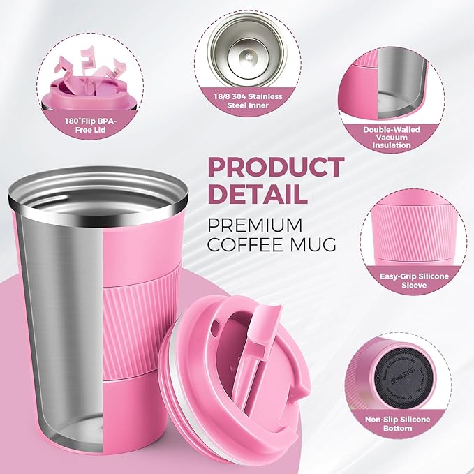 Volhoply 13 oz Stainless Steel Insulated Travel Coffee Mug with Fip Lid Bulk 2 Pack,Reusable Double Wall Vacuum Metal Coffee Cup,Portable Leak Proof Thermal Tumbler for Hot & Cold Drinks(Pink,2)