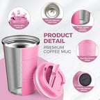 Volhoply 13 oz Stainless Steel Insulated Travel Coffee Mug with Fip Lid Bulk 2 Pack,Reusable Double Wall Vacuum Metal Coffee Cup,Portable Leak Proof Thermal Tumbler for Hot & Cold Drinks(Mix,2)