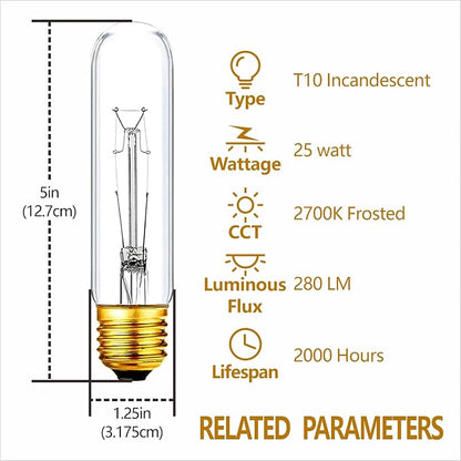 25 Watt T10 Clear Tubular Incandescent Light Bulb, T10 Bulb, Vintage Style - Image 3