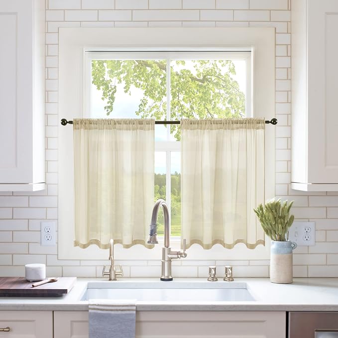 MIULEE 2 Panels Kitchen Tiers Half Window Sheer Curtains 29 X 36 Inch Beige | by MIULEE