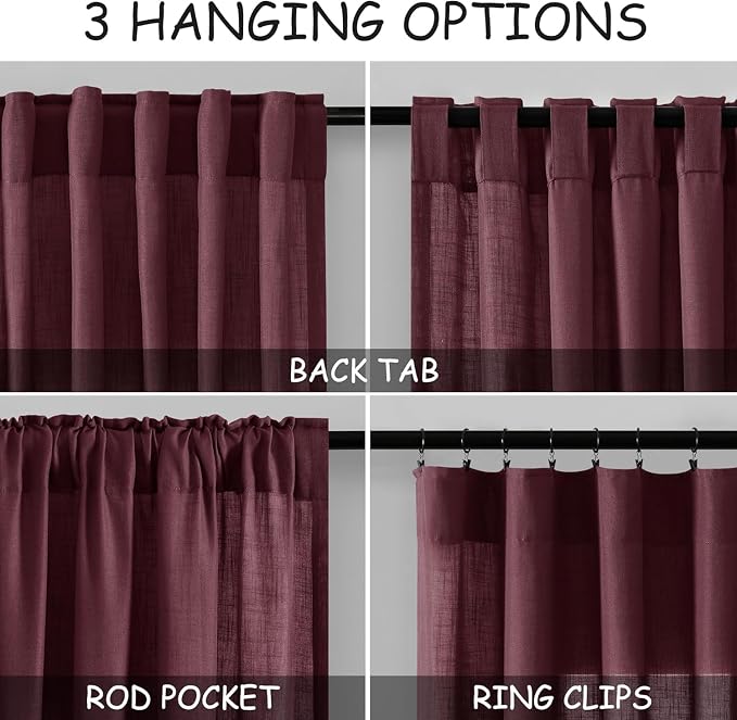 Burgundy Linen Curtains for Living Room 126 Inches Long Light Filtering Semi - Image 2