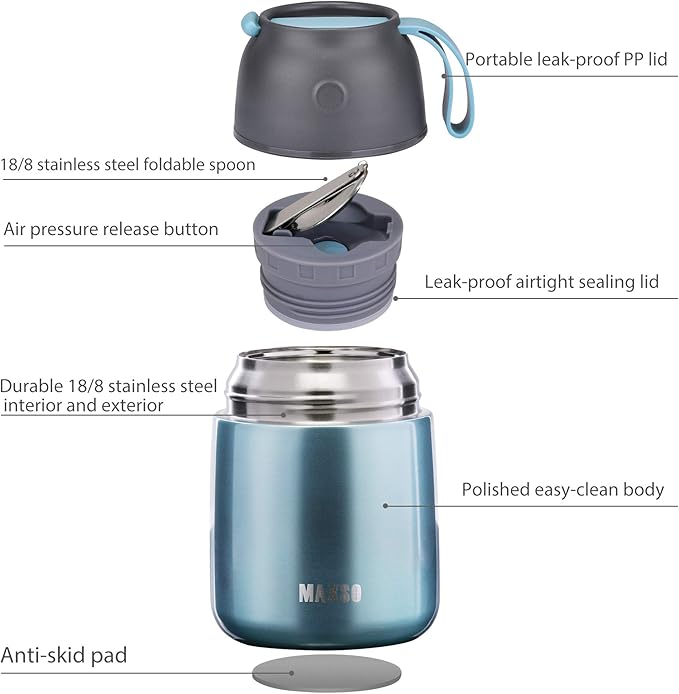 Insulated Thermo Food Jar for Hot & Cold Food for Kids Adult, 17 oz Soup Thermal Hot Food Containers for Lunch, Triple Layer Insulation Stainless Steel Food Jar with Spoon (Lightblue)