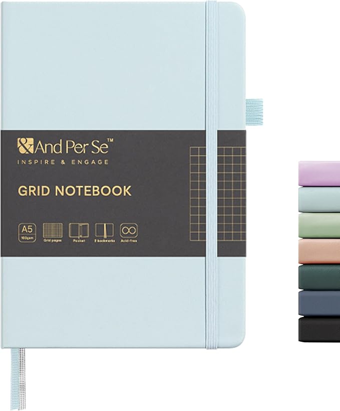 &And Per Se Graph Journal Notebook, 160 Pages, 5.7 x 8 inches College Ruled Thick Paper Notebook Journals for Writing, Grid Hardcover Notebook(1 Pack, cyan)