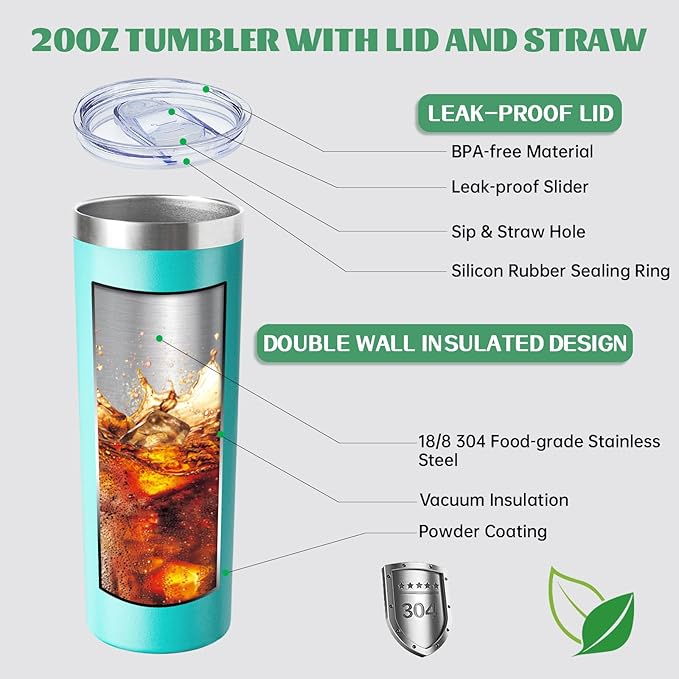 20 oz Skinny Tumbler with Lid and Straw,Stainless Steel Vacuum Insulated Tumbler Cup Double Wall Leak-proof Coffee Mug,Travel Thermal Water Tumbler for Home,Office,Outdoor(Teal,1)