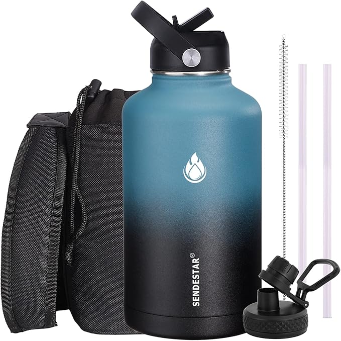 SENDESTAR Water Bottle 64oz Double Wall Vacuum Insulated Leak Proof Stainless Steel Sports Water Bottle—Wide Mouth with New Flex Straw Lid & Spout Lid (Deep Blue&Black)