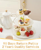 DUJUST Luxury Porcelain 3-Tier Cupcake Stand Tower, British Style Serving Tray with Golden Trim, Food Grade Dessert Display Stand, Beautiful Gift for Tea Party & Home Décor
