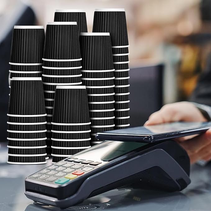 100 4oz Disposable Espresso Cups with Lids Ripple Corrugated Paper Disposable Coffee Cups Cups for Hot Chocolate, Tea, and Cocoa Drinks (Black)