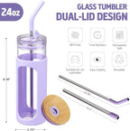 Kodrine 24oz Glass Tumbler with 2 Lids and Straws, Glass Cup With Bamboo Lid and On-the-go Lid, Reusable Iced Coffee Cup, Ideal for Smoothie, Cold Drinks, Fit Cup Holder, BPA Free (1, Purple)