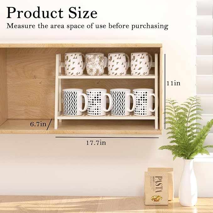 Wicker-Look Coffee Station Organizer, Bamboo Mug Holder Countertop, Kitchen Counter Shelf for Tea Coffee Bar Accessories, Matcha Stand, Cup Display, Condiment Storage Rack, 2 Tier, White
