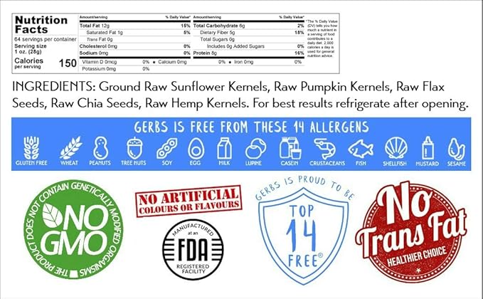 Ground Raw Pumpkin, Sunflower, Chia, Flax, Hemp Seed Meal by Gerbs - 4 LBS - Top 11 Food Allergen Free & Non GMO - Vegan & Kosher – Premium Full Oil Content Protein Powder