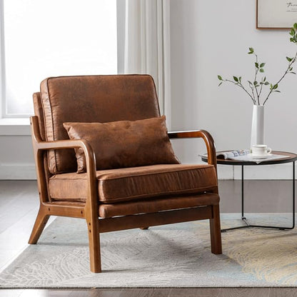 Mid Century Modern Brown Accent Chair Living Room- Comfy Solid Wood Arm Chair by Deolme