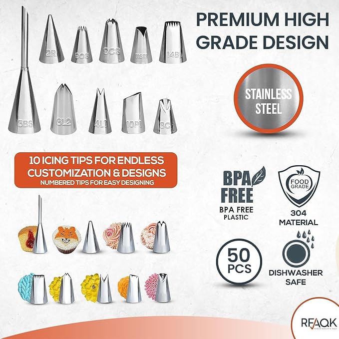 RFAQK 50PCs Cake Decorating Supplies Kit with 12" Aluminum Rotating Cake Turntable Stand, Professional Leveler, Straight & Offset Spatulas, 10 Numbered Icing Tips & Bags
