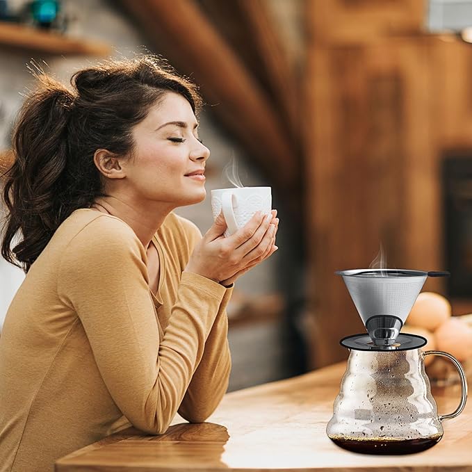 Pour Over Coffee Dripper-Stainless Steel Coffee Filter,Reusable Drip Cone Coffee Filter Portable Pour for 1-4 Cup (With Silicone Ring, M)