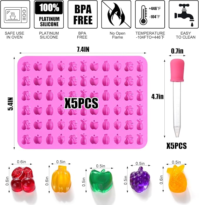 Mity rain 5pcs Fruit Snack Molds Silicone Bpa Free, Gummy Candy Molds Chocolate Molds With 5pcs Dropper For Kids, Including Mini Pineapple, Banana, Cherry, Apple, Grape Shape