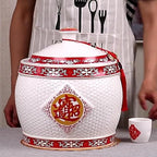 Chinese Sealed Large-Capacity Rice Pot, Ceramic Rice Bucket With Tassel Design, Grain Storage Ceramic Container, Rice Dispenser Airtight Storage Bucket For Grains Snacks Candy Coffee Beans Food(B,Capa