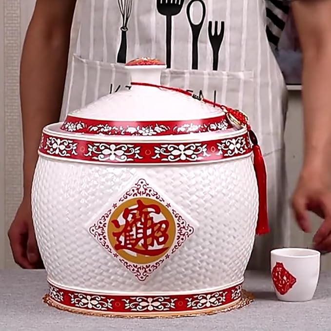 Chinese Sealed Large-Capacity Rice Pot, Ceramic Rice Bucket With Tassel Design, Grain Storage Ceramic Container, Rice Dispenser Airtight Storage Bucket For Grains Snacks Candy Coffee Beans Food(B,Capa