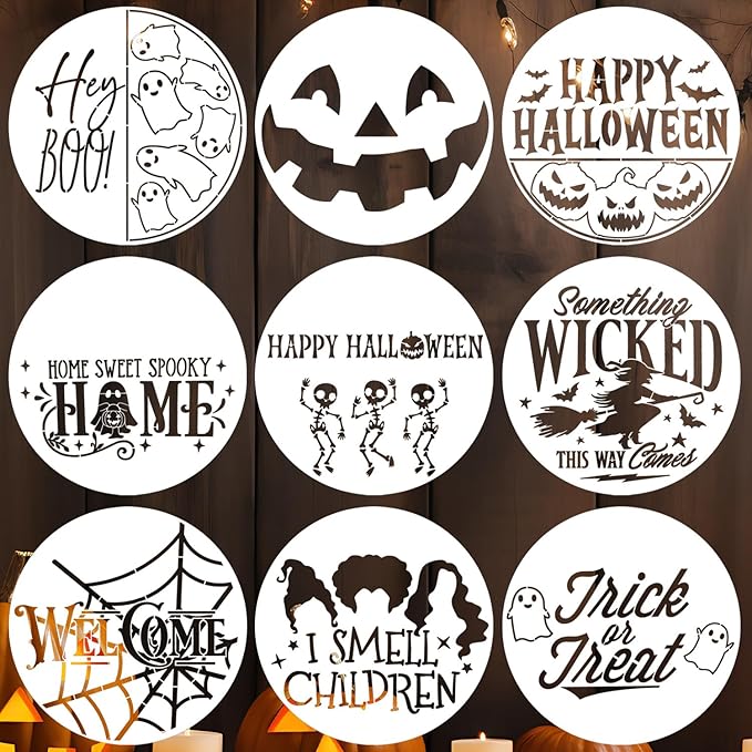 Halloween Stencils for Painting 12inch Large Reusable Halloween Stencil for Door Hanger Round Skeleton Ghost Boo Templates for Wood Walls Windows Door Mat Fabric