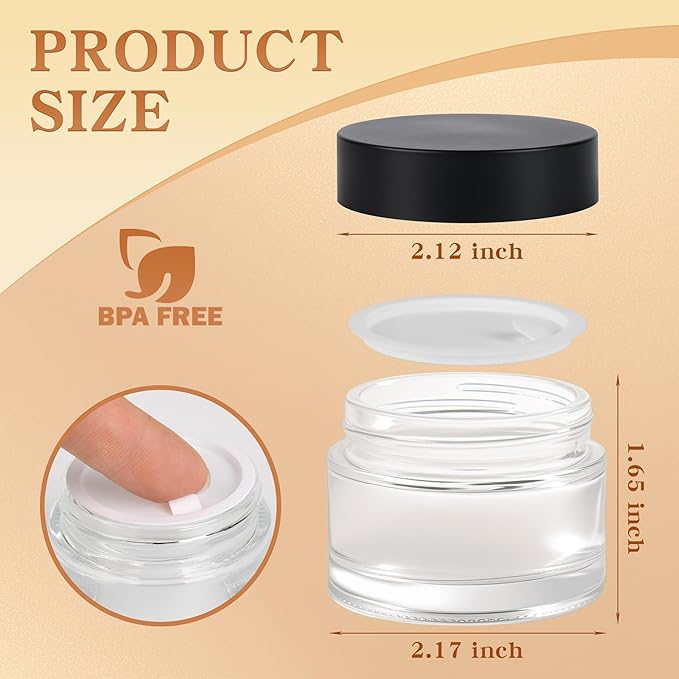 Glass Jars with Lids,Eco-Friendly Cosmetic Containers with Airtight Black Lids & Liners, Multi-Color Options for Cream, Lotion, Body Butter, DIY Skincare Travel Jars (Clear, 2oz)