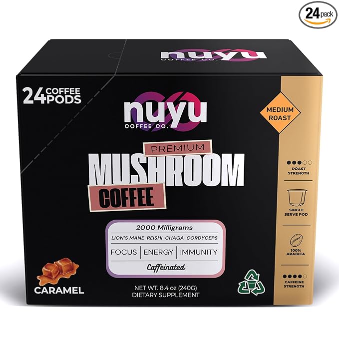Nuyu Mushroom Coffee Pods, K-Cups, 100% Medium Roast Arabica Coffee with Lion's Mane, Reishi, Chaga, Cordyceps, 2000mg per Pod (24, Caramel)