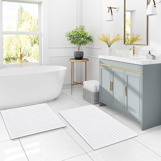 Arotive Luxury Chenille Bathroom Rug Mat, Extra Soft Thick Absorbent Shaggy Bath Rugs, Non-Slip Machine Wash Dry, Plush Bath Mats for Bathroom, Shower and Tub, 70x24, White