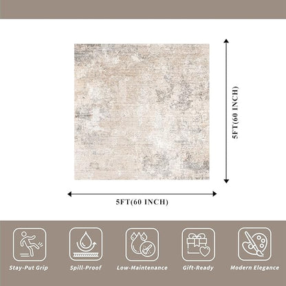 8x8 Square Living Room Area Rug – Washable Modern Neutral Abstract Indoor Rug - Image 2