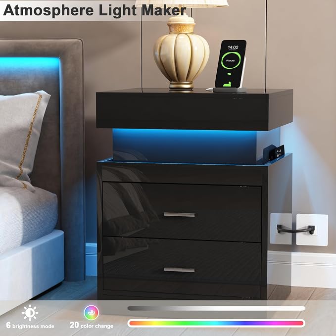 ChooChoo LED Nightstand Set of 2, Smart Night Standwith Charging Station and - Image 3