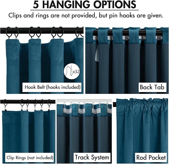 MIULEE Velvet Curtains 50W x 90L 2 Panels Peacock Blue Blackout Curtains | - Image 2