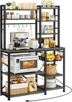 Baker Rack with Power Outlet - Microwave Stand with Storage, Large Coffee Bar Station with 14 Hooks, Metal Kitchen Shelf Rack for Spices, Pots (Rustic Grey)
