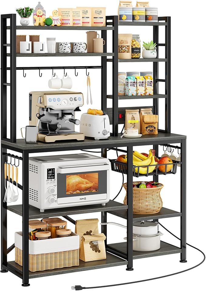 Baker Rack with Power Outlet - Microwave Stand with Storage, Large Coffee Bar Station with 14 Hooks, Metal Kitchen Shelf Rack for Spices, Pots (Rustic Grey)