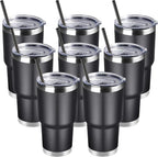 DOMICARE 30 oz Tumbler with Lid and Straw, Stainless Steel Tumblers Bulk, Insulated Vacuum Double Wall Travel Coffee Mug, Durable Powder Coated Tumbler Cups (Black, 8)