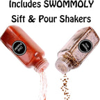 SWOMMOLY 25 Glass Spice Jars 8 oz Empty Spice Bottles with 713 Spice Labels, Chalk Marker and Funnel Complete Set. 25 Square Seasoning Containers with Airtight Cap, Pour/sift Shaker Lid